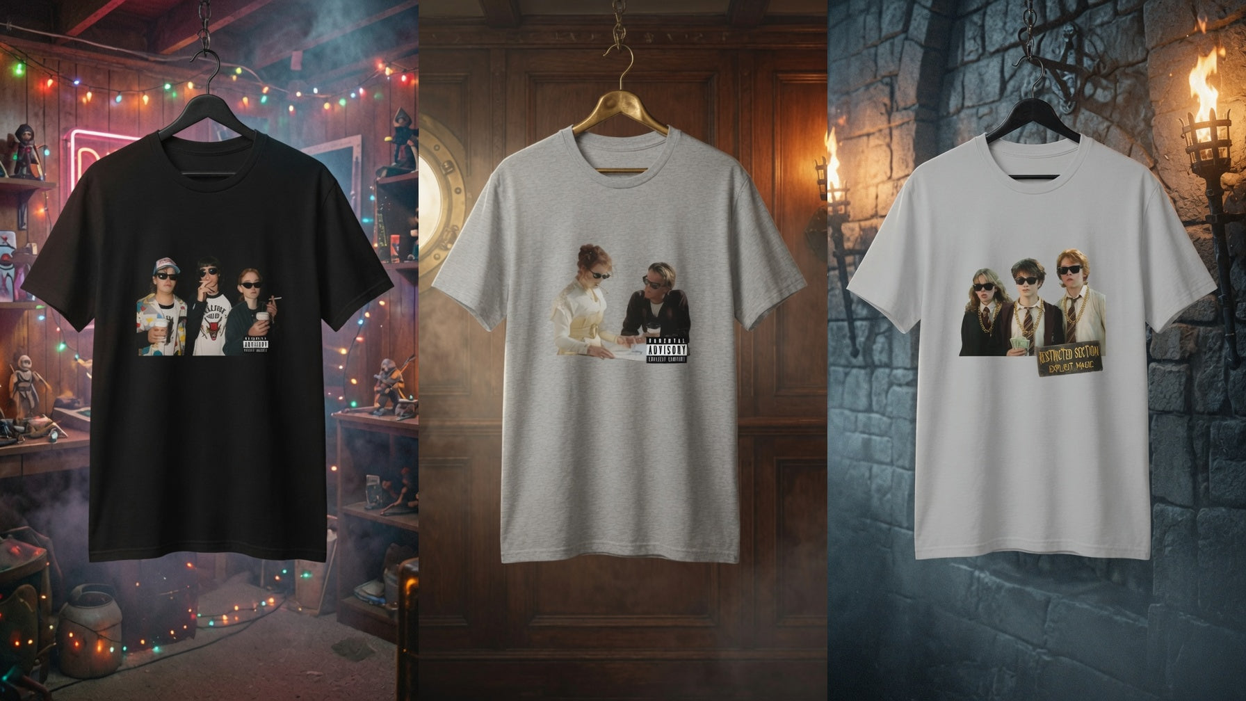 Trois t-shirts Watch Peak présentés dans des décors cinématographiques